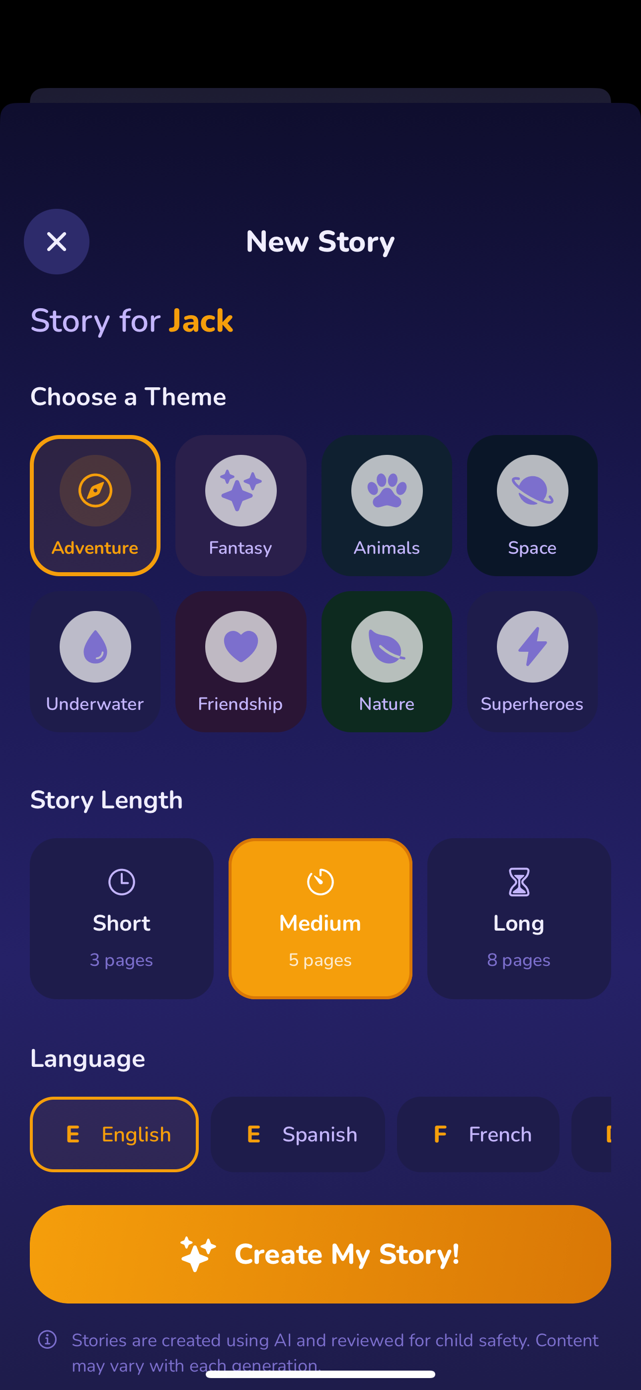 Tuckly story creation screen with theme and character selection