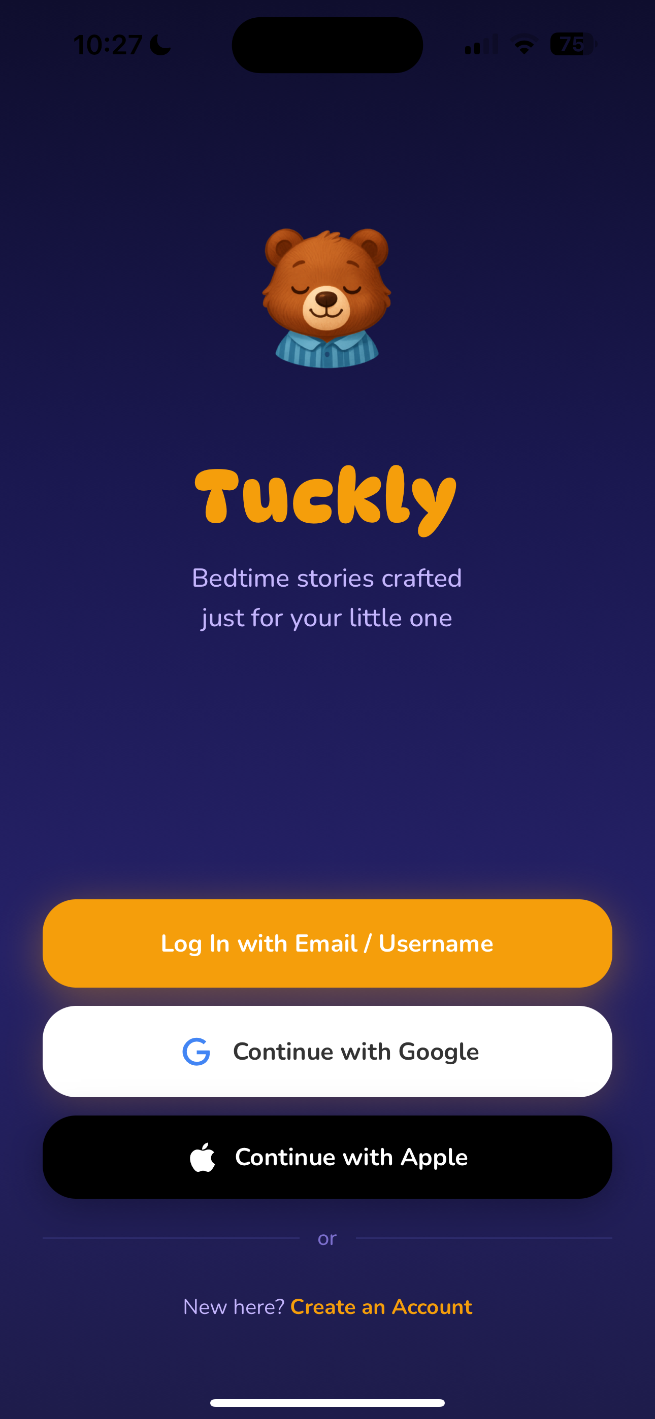 Tuckly welcome screen with Google, Apple, Phone and email sign-up options